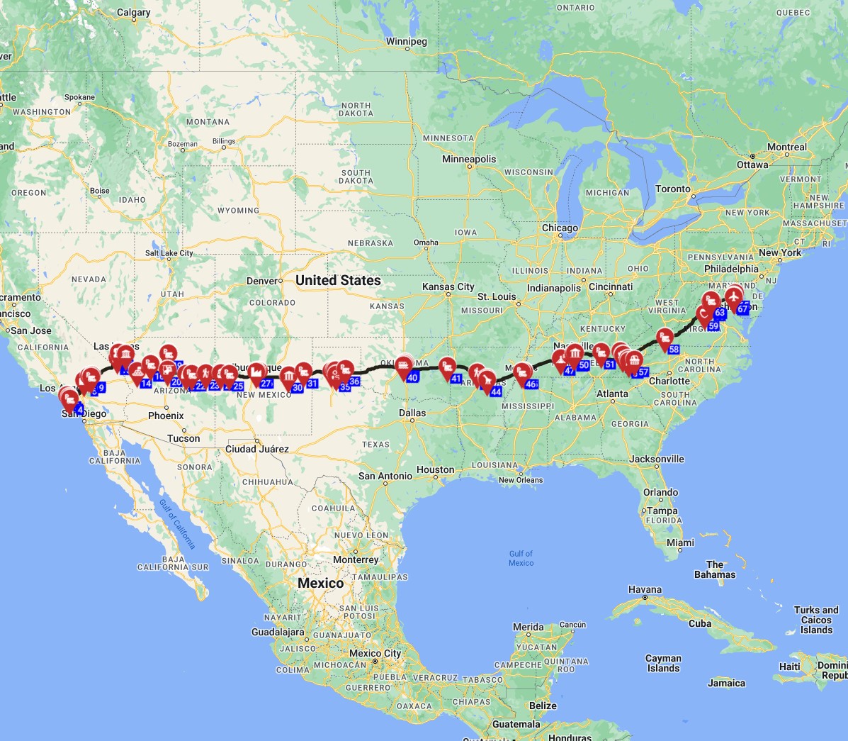 Map for Los Angeles to Washington DC - Inclding the Grand Canyon  Smoky Mountains